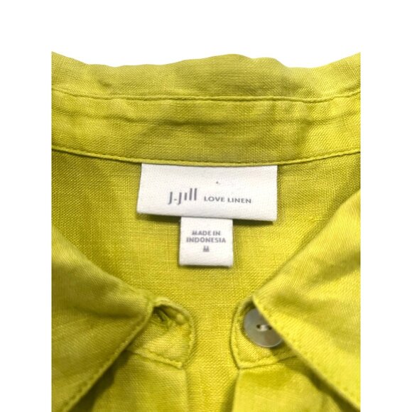 J Jill Love Linen  Lime Green  Button Up Tunic Blouse Lagenlook Roll Tab Sleeves - Picture 4 of 11